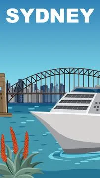 Vector Illustration of Sydney Harbour Bridge with Cruise Ship and City Skylin Stock Illustration