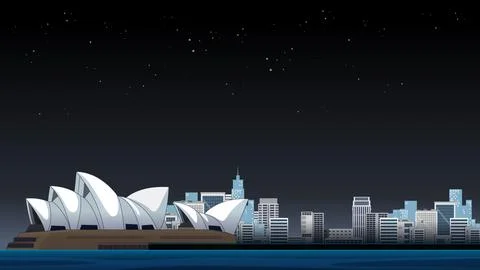 Vector Illustration of Sydney Opera House and City Skyline at Night Stock Illustration