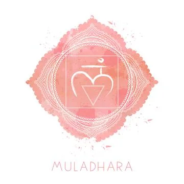 Vector illustration with symbol chakra Muladhara and watercolor element on wh Stock Illustration