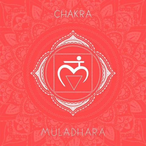 Vector illustration with symbol chakra Muladhara on ornamental background. Ro Stock Illustration