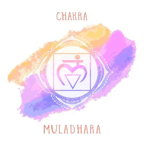 Vector illustration with symbol Muladhara - Root chakra and watercolor elemen Stock Illustration