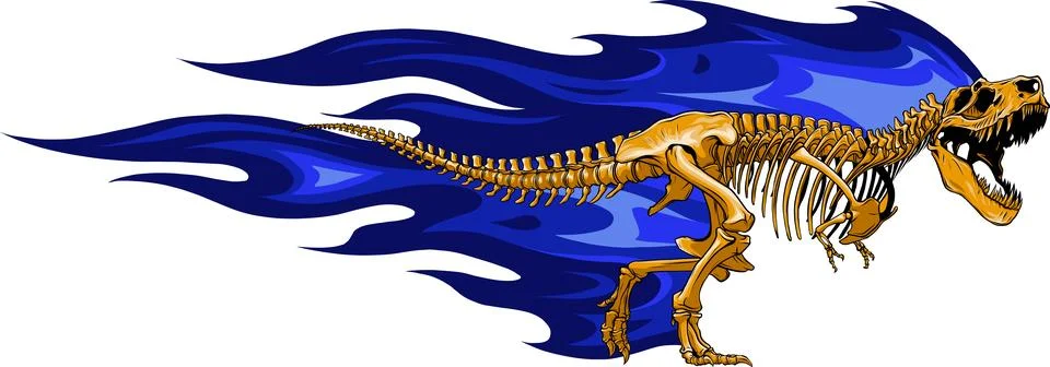 Vector illustration of T-rex dinosaur skeleton with flames Stock Illustration