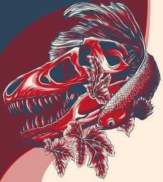 Vector illustration of T-rex Skull with betta fish Stock Illustration
