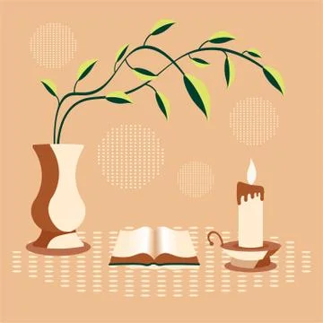Vector illustration of a table with a book, a candle and a jug with a plant. Stock Illustration