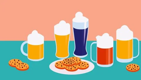 Vector illustration of A table with mugs of beer and cookies on it Stock Illustration