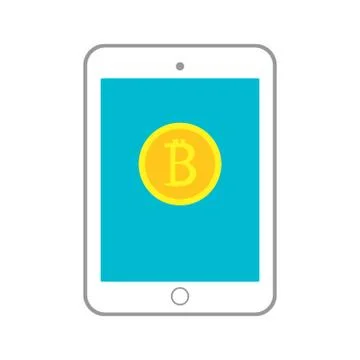 Vector illustration with tablet having golden coin with bitcoin emblem on its Stock Illustration