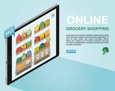Vector illustration of a tablet in isometry. online sale and delivery of food Stock Illustration