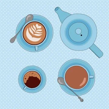 Vector illustration with tea and coffee cups, and tea pot Illustration