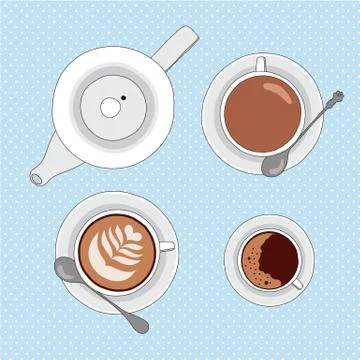 Vector illustration with tea and coffee cups, and tea pot Illustration