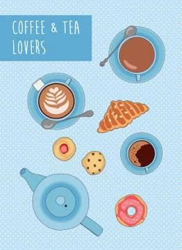 Vector illustration with tea and coffee cups, cookies and pastry Illustration