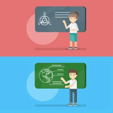 Vector illustration of teacher at the lesson of geometry and geography. Stock Illustration