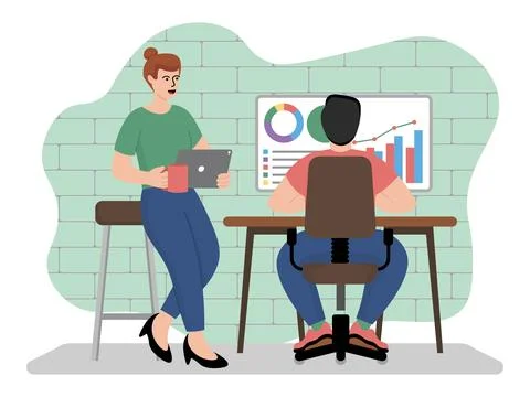 Vector illustration of team is analyzing the companys activities Stock Illustration