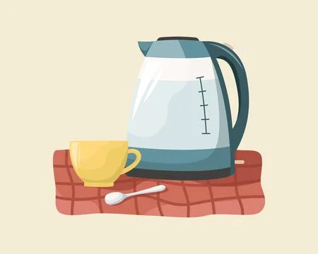 Vector illustration of a teapot and a ceramic cup on a tablecloth. Stock Illustration