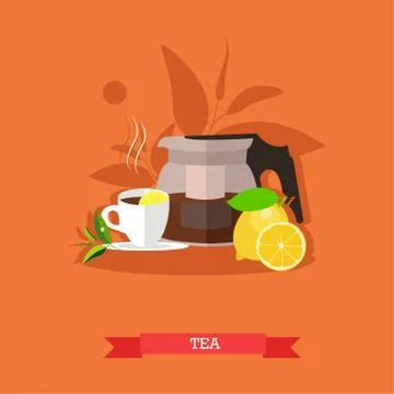Vector illustration of teapot, tea cup, lemon Stock Illustration