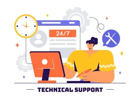 Vector Illustration of a Technical Support System Featuring Software Develo.. Stock Illustration