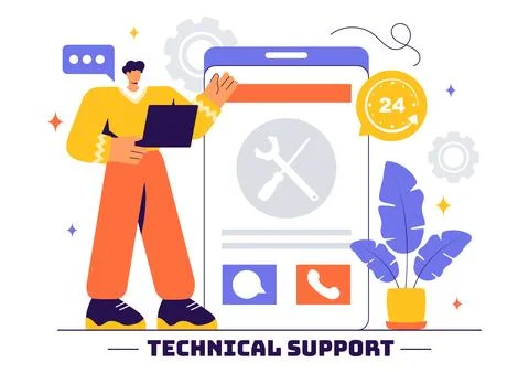 Vector Illustration of a Technical Support System Featuring Software Develo.. Stock Illustration
