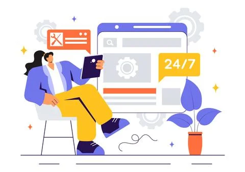 Vector Illustration of a Technical Support System Featuring Software Develo.. Stock Illustration