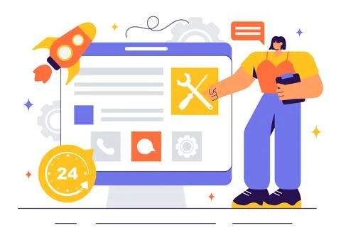 Vector Illustration of a Technical Support System Featuring Software Develo.. Stock Illustration