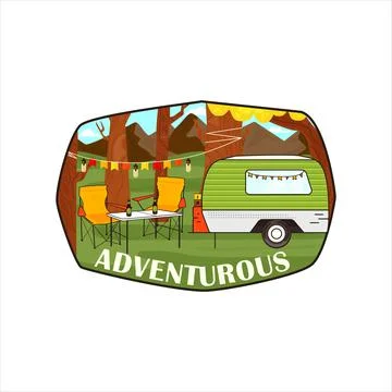 Vector illustration for tee graphic of caravan parked in forest and inscription Stock-Illustration