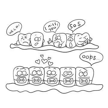 Vector illustration teeth with braces before and after happy joke hand draw.. Stock Illustration