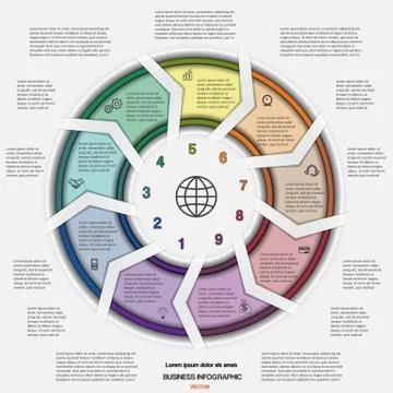 Vector illustration template with text areas and nine arrows Stock Illustration