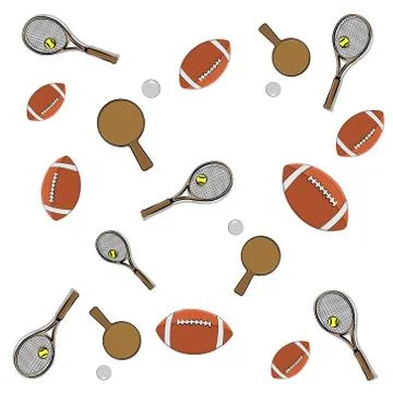 Vector illustration of tennis rackets, ping pong rackets with balls and rugby Stock Illustration