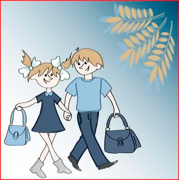 Vector illustration on the theme - back to school. Two white blonde children, Stock Illustration