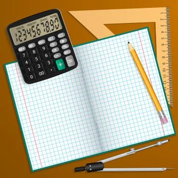 Vector illustration on the theme of school. Notebook, pencil, calculator, ruler Stock Illustration