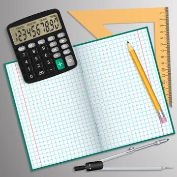 Vector illustration on the theme of school. Notebook, pencil, calculator, ruler Stock Illustration