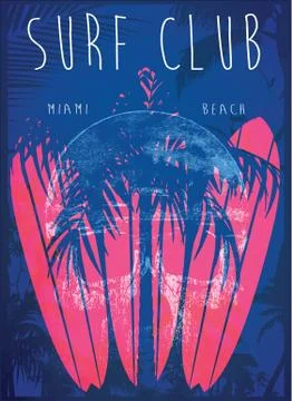 Vector illustration on the theme of surf and surf club miami Grunge backgroun Stock Illustration