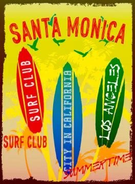 Vector illustration on the theme of surf and surf club Santa Monica Los Ang.. Stock Illustration