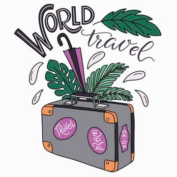 Vector illustration on the theme of travel - a suitcase, tropical leaves and the Stock Illustration