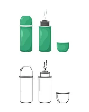 Vector illustration of a thermos in two styles: flat and outline. Stock-Illustration