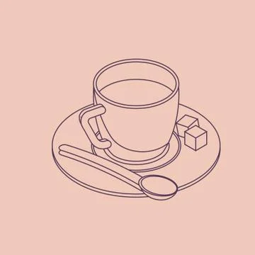 Vector illustration thin line sketch with 3D coffee cup n isometric flat style 库存插图