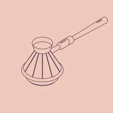 Vector illustration thin line sketch with 3D coffee cezve. Coffee maker in Stock Illustration