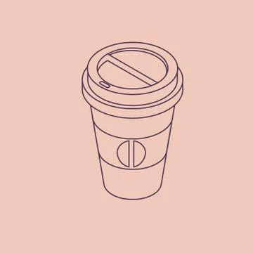 Vector illustration thin line sketch with 3D coffee take away cup in isometric Stock Illustration