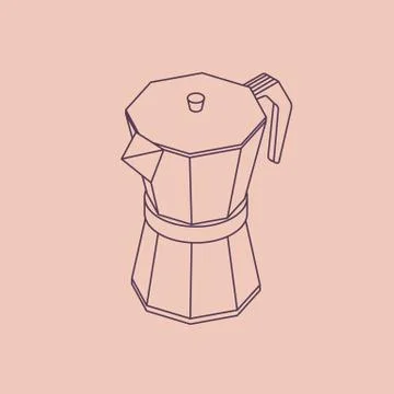 Vector illustration thin line sketch with 3D coffee moka pot. Coffee container Stock Illustration