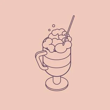 Vector illustration thin line sketch with 3D coffee cup with cappuccino and Stock Illustration