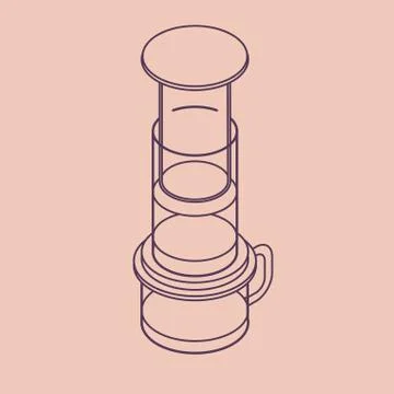 Vector illustration thin line sketch with 3D coffee aeropress. Coffee maker in Stock Illustration