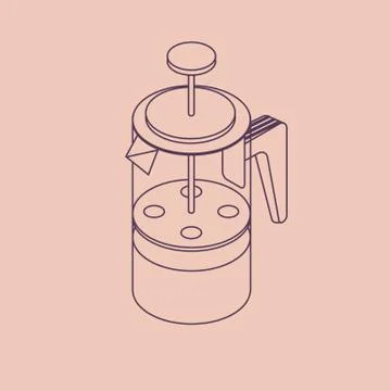 Vector illustration thin line sketch with 3D coffee pot FRENCH PRESS. Coffee 库存插图