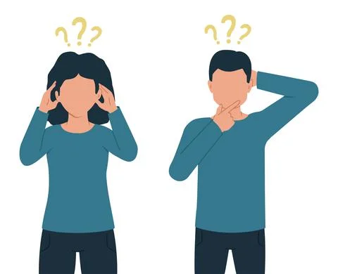 Vector illustration of thinking people, man and woman with question marks. Stock Illustration
