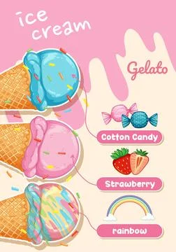 Vector illustration of three assorted ice cream cones with sprinkles and matc Illustrazione stock