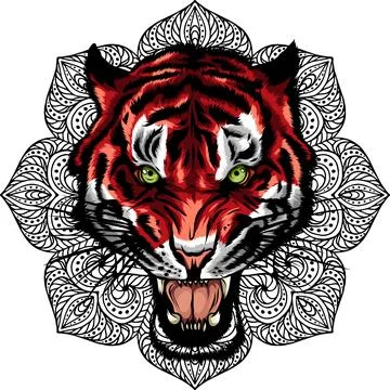 Vector illustration of tiger head with mandala. 스톡 일러스트