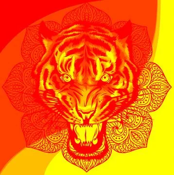 Vector illustration of tiger head with mandala. Illustrazione stock
