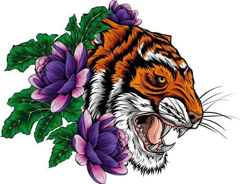 Vector illustration of Tiger head in roar with lotus flower Illustrazione stock