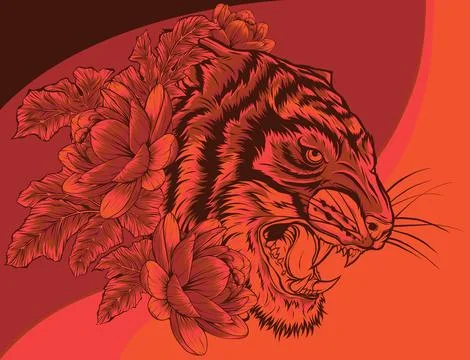 Vector illustration of Tiger head in roar with lotus flower Illustrazione stock