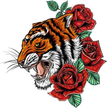 Vector illustration of tiger head with rose Stock Illustration