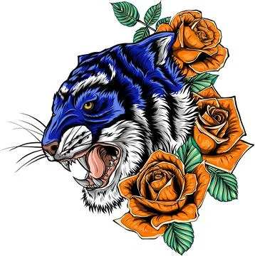 Vector illustration of tiger head with rose 스톡 일러스트