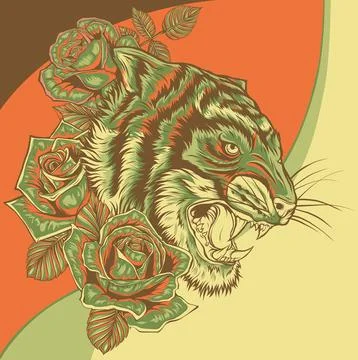 Vector illustration of tiger head with rose Stock Illustration
