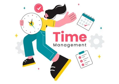 Vector Illustration of Time Management with Clock Controls and Task Plannin.. Illustrazione stock